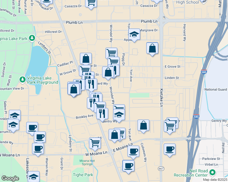 map of restaurants, bars, coffee shops, grocery stores, and more near 231 Gallaway Lane in Reno