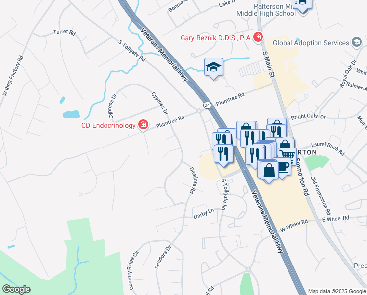 map of restaurants, bars, coffee shops, grocery stores, and more near 2421 Monarch Way in Bel Air