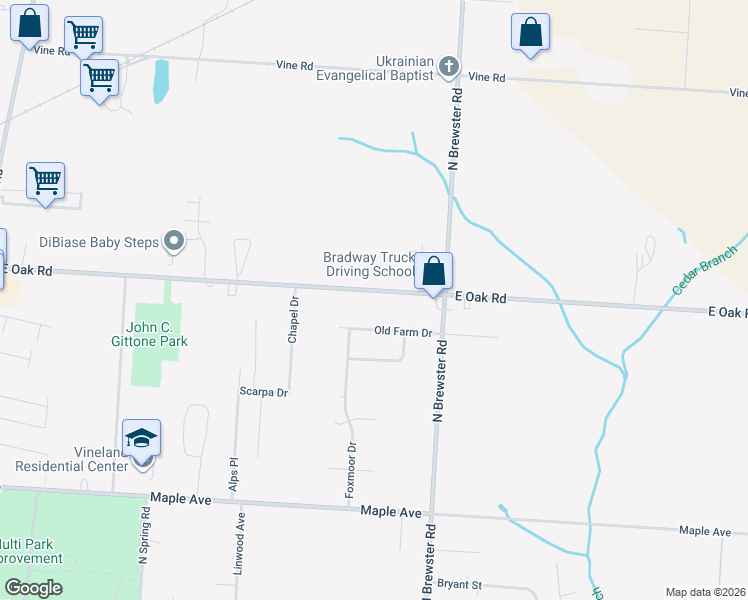 map of restaurants, bars, coffee shops, grocery stores, and more near 2497 East Oak Road in Vineland