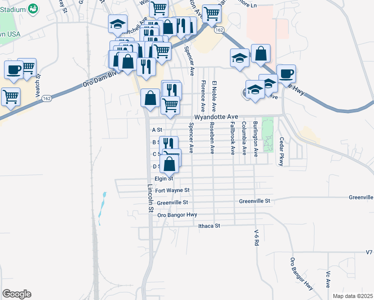map of restaurants, bars, coffee shops, grocery stores, and more near 2140 C Street in Oroville