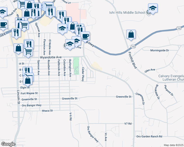 map of restaurants, bars, coffee shops, grocery stores, and more near 143 Birch Parkway in Oroville