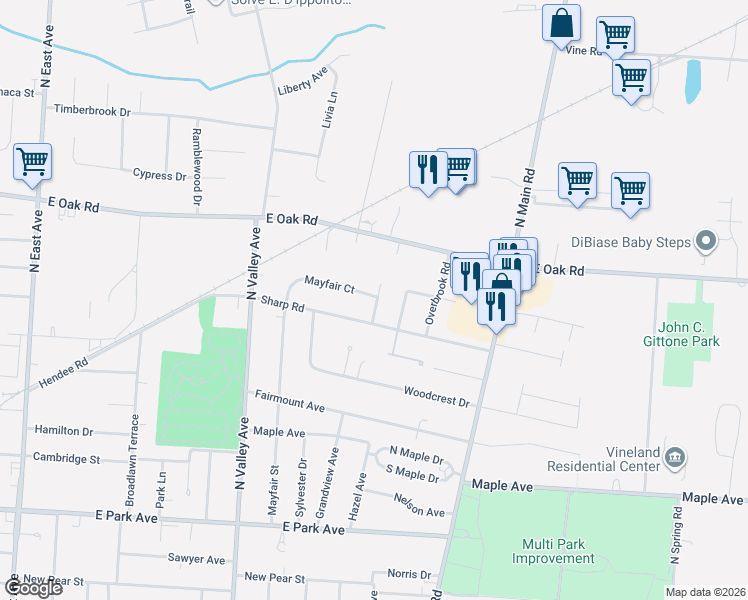 map of restaurants, bars, coffee shops, grocery stores, and more near 1144 Sharp Road in Vineland