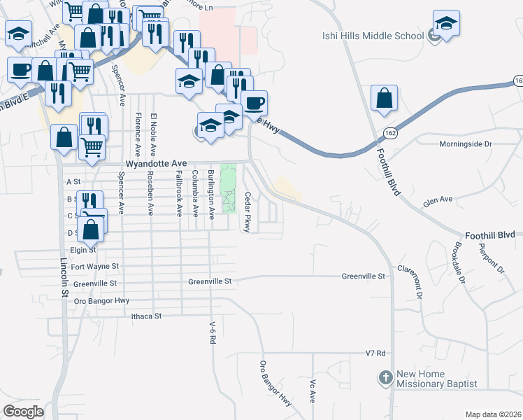 map of restaurants, bars, coffee shops, grocery stores, and more near 160 Willow Parkway in Oroville