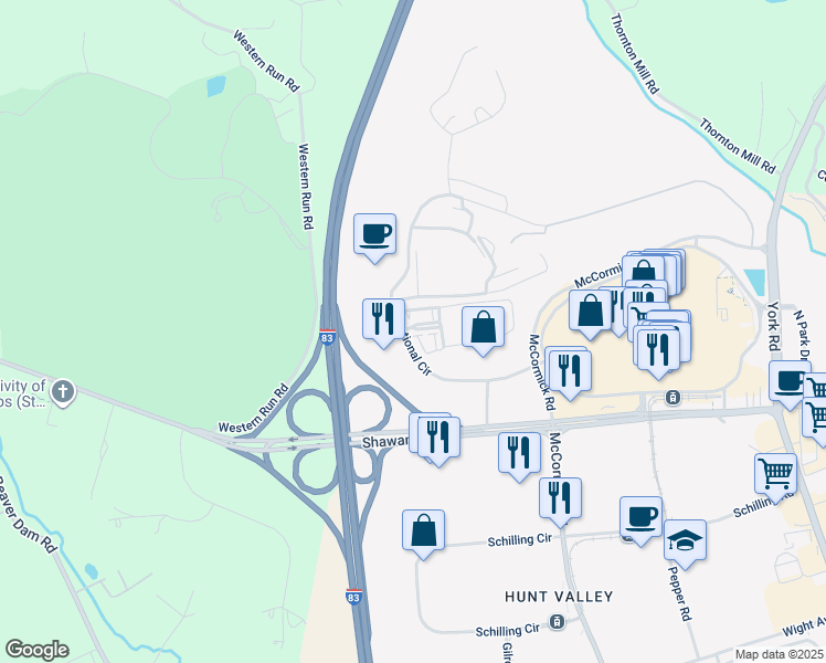 map of restaurants, bars, coffee shops, grocery stores, and more near 562 Symphony Circle in Cockeysville