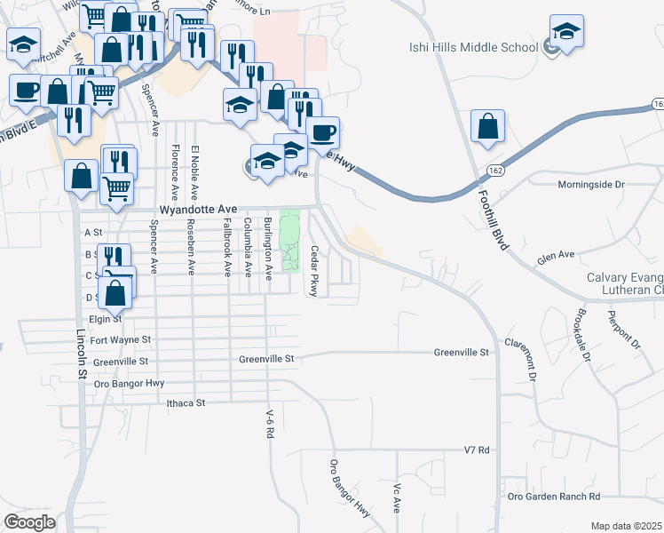 map of restaurants, bars, coffee shops, grocery stores, and more near 160 Willow Parkway in Oroville