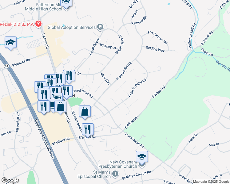 map of restaurants, bars, coffee shops, grocery stores, and more near 200 Fox Hound Court in Bel Air