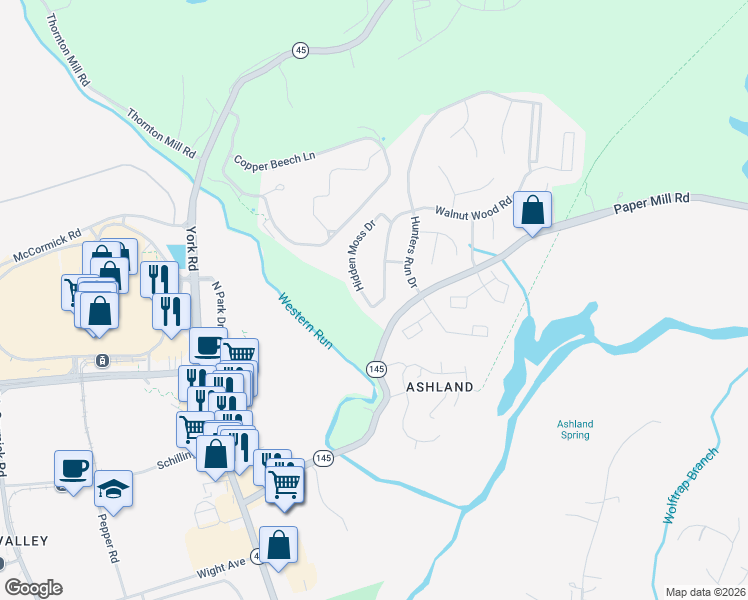 map of restaurants, bars, coffee shops, grocery stores, and more near 901 Hidden Moss Drive in Cockeysville