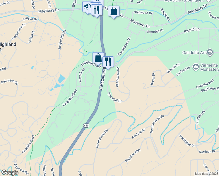 map of restaurants, bars, coffee shops, grocery stores, and more near 3365 Thornhill Drive in Reno