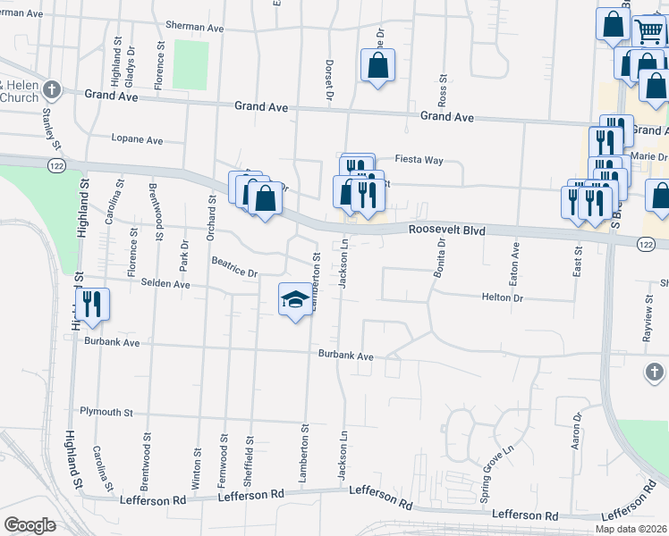 map of restaurants, bars, coffee shops, grocery stores, and more near 1608 Jackson Lane in Middletown