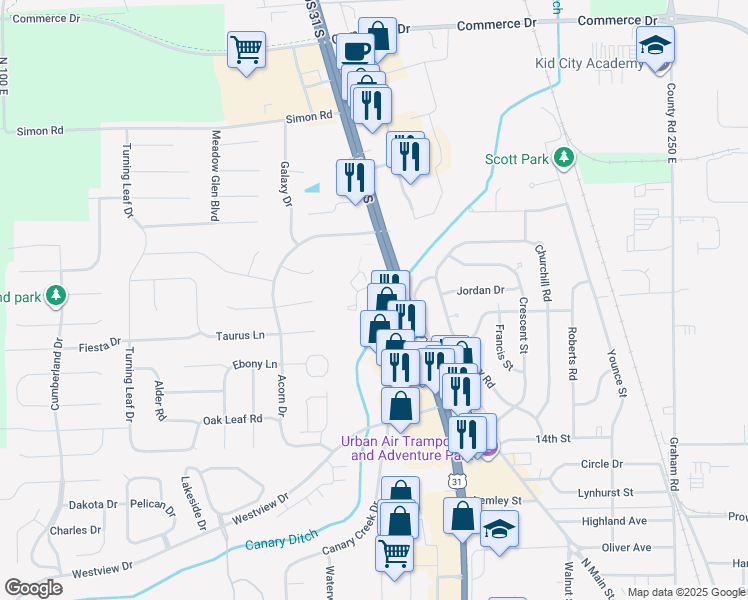 map of restaurants, bars, coffee shops, grocery stores, and more near 2011 Cedar Lane in Franklin