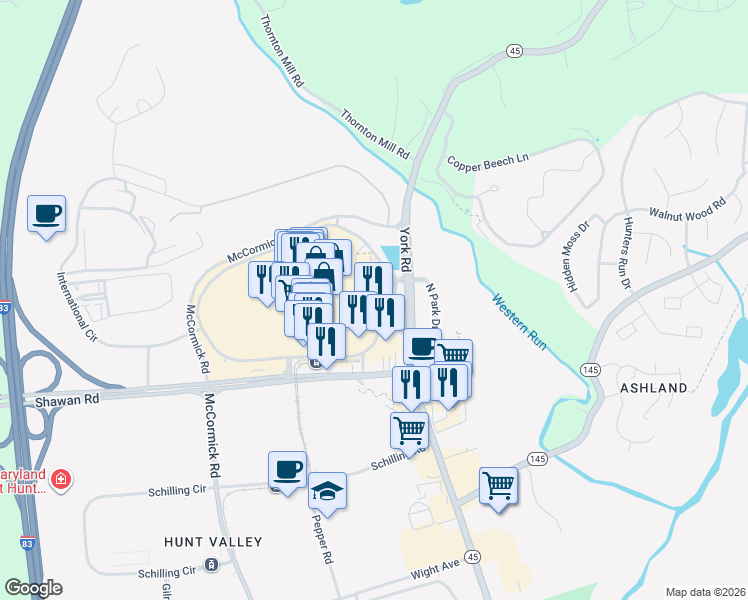 map of restaurants, bars, coffee shops, grocery stores, and more near 100 Shawan Road in Cockeysville
