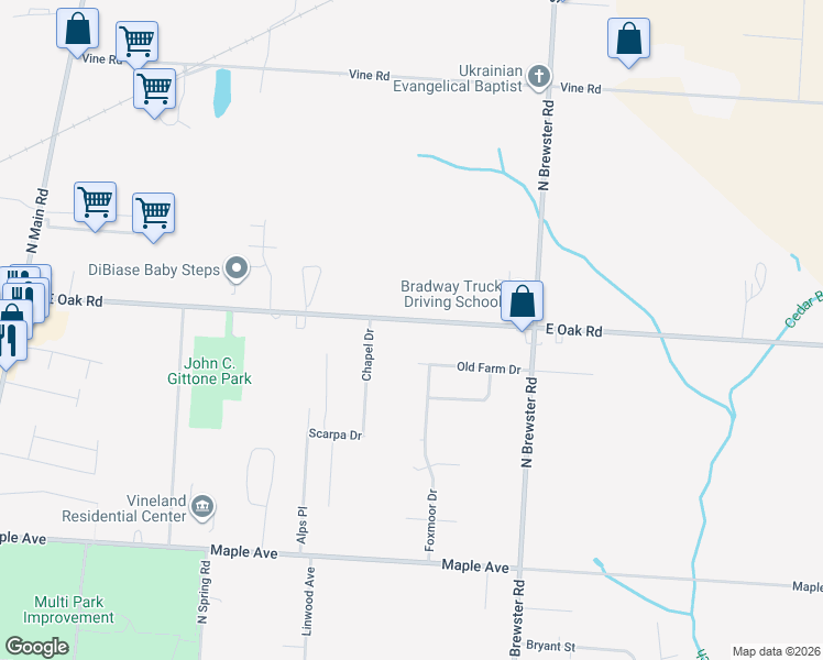 map of restaurants, bars, coffee shops, grocery stores, and more near 2369 East Oak Road in Vineland