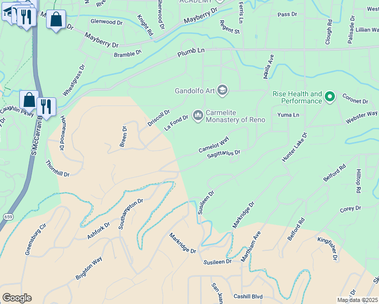 map of restaurants, bars, coffee shops, grocery stores, and more near 2555 Camelot Way in Reno