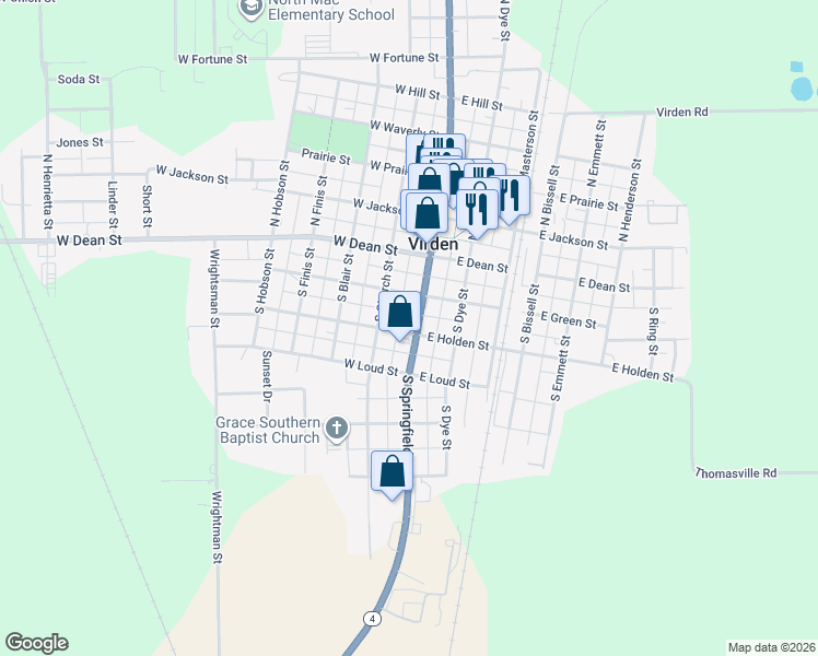 map of restaurants, bars, coffee shops, grocery stores, and more near 114-154 W Holden St in Virden