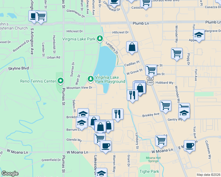 map of restaurants, bars, coffee shops, grocery stores, and more near 2490 Eastshore Place in Reno
