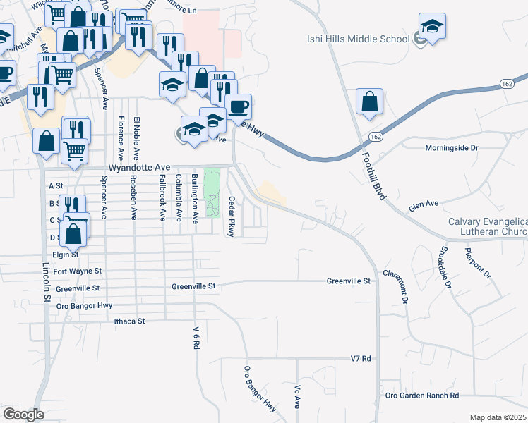 map of restaurants, bars, coffee shops, grocery stores, and more near 143 Birch Parkway in Oroville