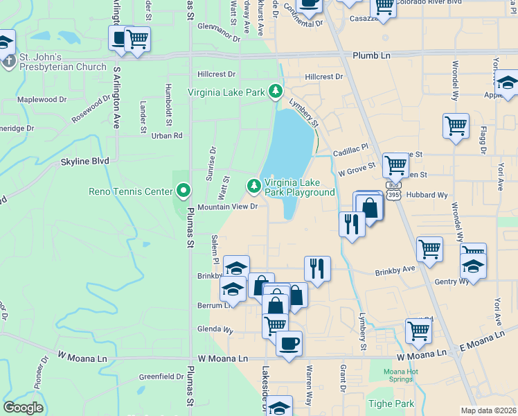 map of restaurants, bars, coffee shops, grocery stores, and more near 2665 Lakeside Drive in Reno