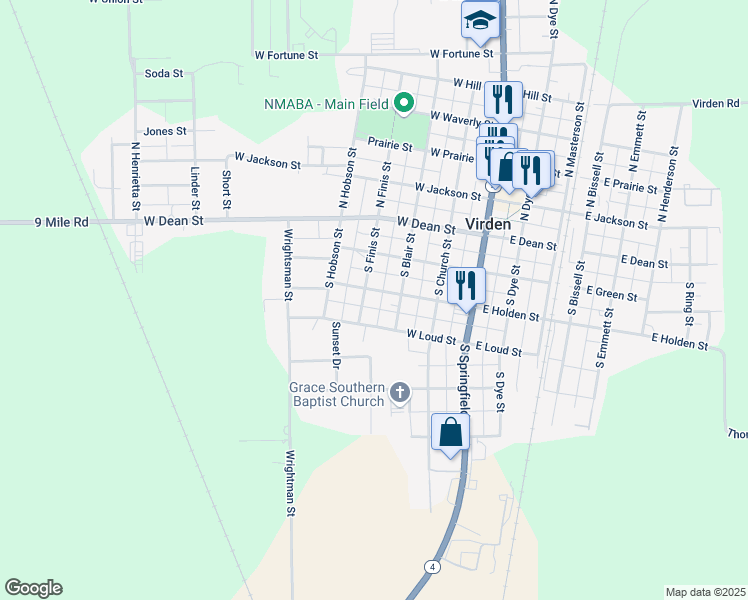 map of restaurants, bars, coffee shops, grocery stores, and more near 331 South Finis Street in Virden
