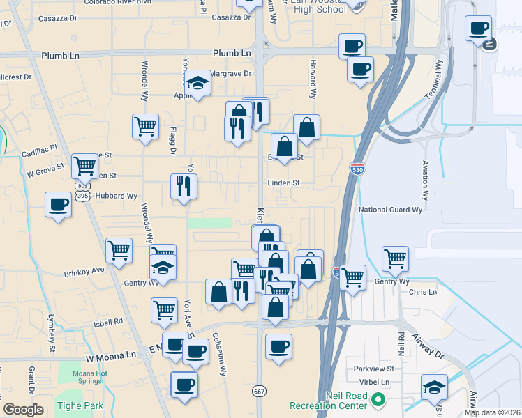 map of restaurants, bars, coffee shops, grocery stores, and more near 2724 Kietzke Lane in Reno