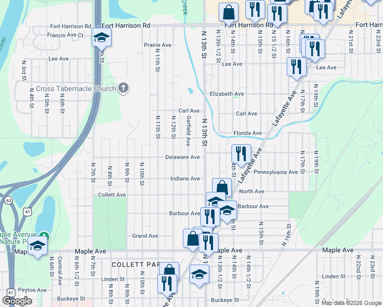 map of restaurants, bars, coffee shops, grocery stores, and more near 2541 Delaware Avenue in Terre Haute