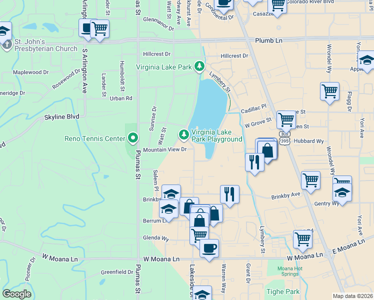 map of restaurants, bars, coffee shops, grocery stores, and more near 2665 Lakeside Drive in Reno