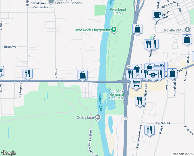 map of restaurants, bars, coffee shops, grocery stores, and more near 607-655 Oroville Dam Boulevard West in Oroville