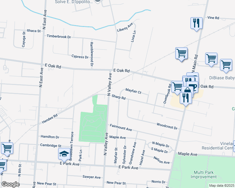 map of restaurants, bars, coffee shops, grocery stores, and more near 585 Mayfair Street in Vineland