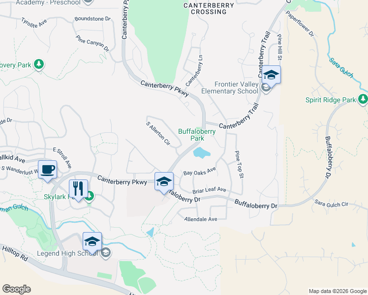map of restaurants, bars, coffee shops, grocery stores, and more near 11949 South Allerton Circle in Parker