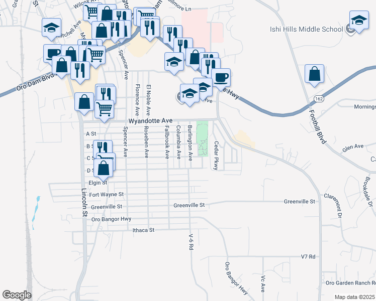 map of restaurants, bars, coffee shops, grocery stores, and more near 3462 Burlington Avenue in Oroville