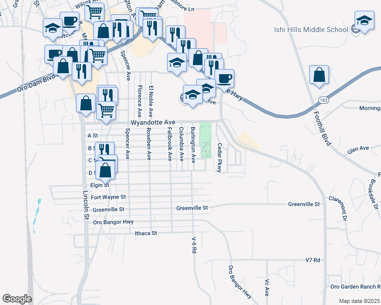 map of restaurants, bars, coffee shops, grocery stores, and more near 3462 Burlington Avenue in Oroville