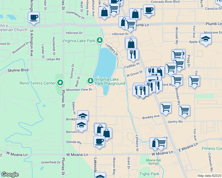map of restaurants, bars, coffee shops, grocery stores, and more near 2490 Eastshore Place in Reno