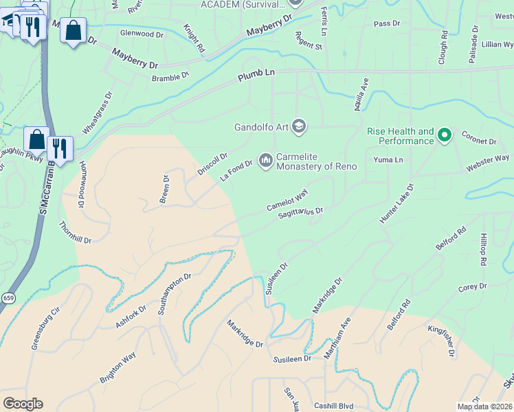 map of restaurants, bars, coffee shops, grocery stores, and more near 2555 Camelot Way in Reno