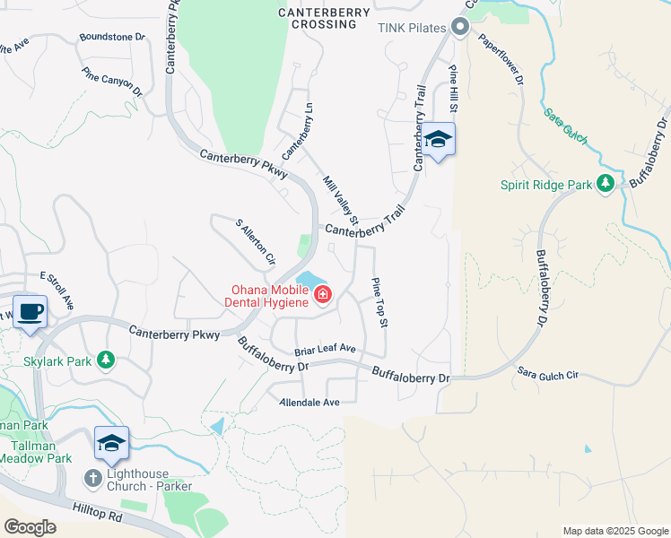 map of restaurants, bars, coffee shops, grocery stores, and more near 23287 Song Bird Hills Way in Parker