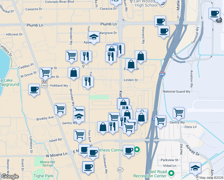 map of restaurants, bars, coffee shops, grocery stores, and more near 2755 Kietzke Lane in Reno
