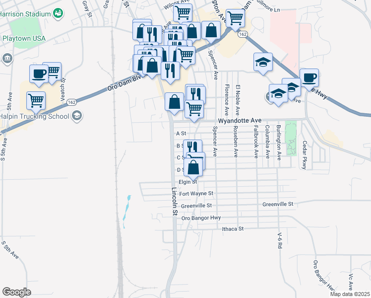 map of restaurants, bars, coffee shops, grocery stores, and more near 1937 B Street in Oroville