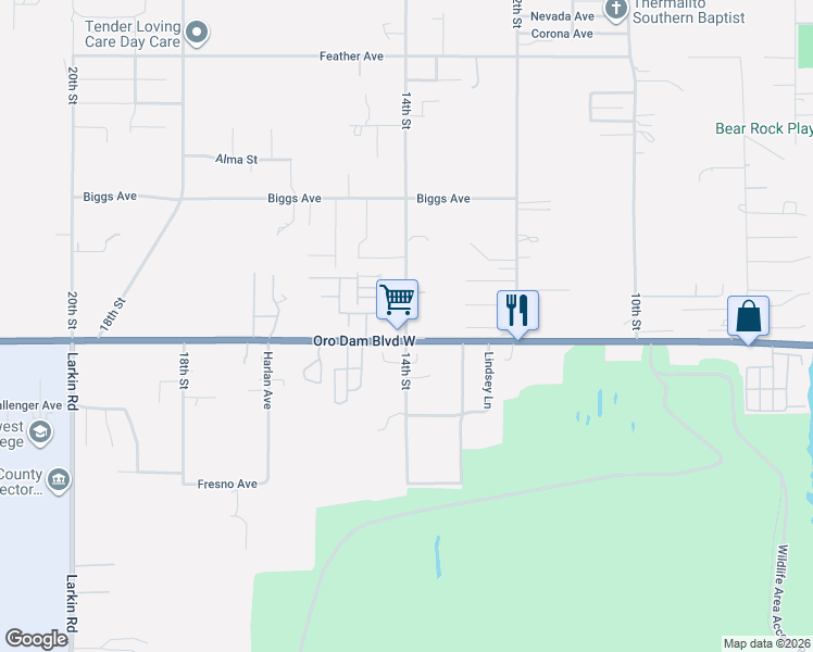 map of restaurants, bars, coffee shops, grocery stores, and more near 1014 14th Street in Oroville