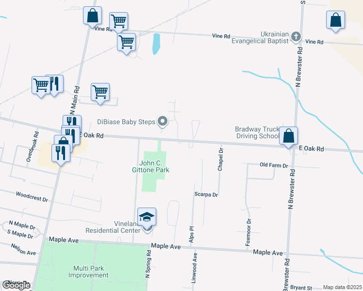 map of restaurants, bars, coffee shops, grocery stores, and more near 2135 East Oak Road in Vineland
