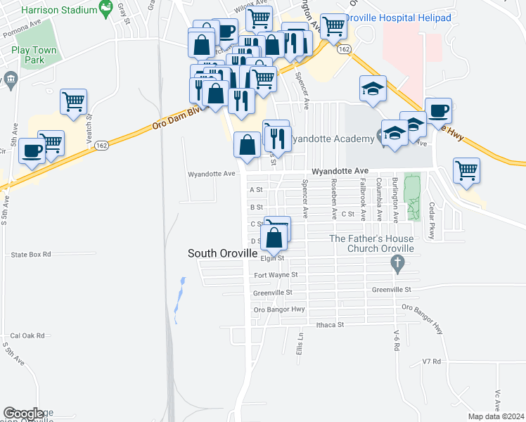 map of restaurants, bars, coffee shops, grocery stores, and more near 1957 B Street in Oroville