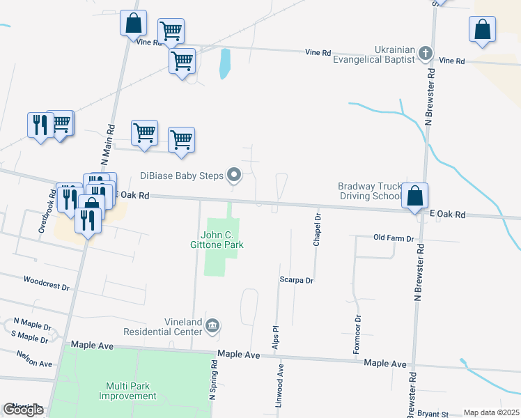 map of restaurants, bars, coffee shops, grocery stores, and more near 2135 East Oak Road in Vineland