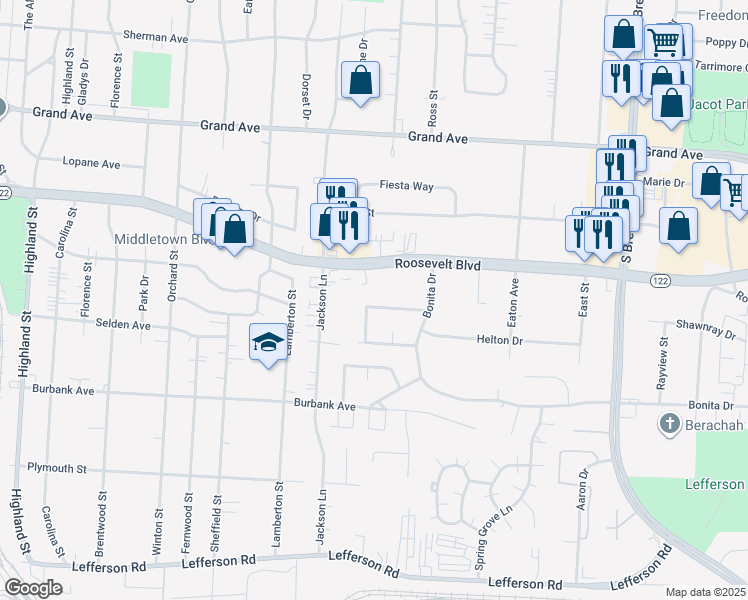 map of restaurants, bars, coffee shops, grocery stores, and more near 3605 Greenview Drive in Middletown