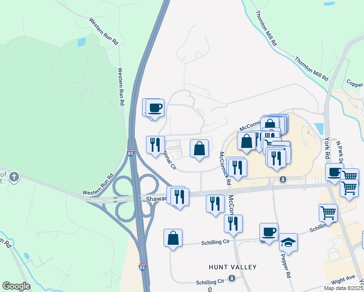 map of restaurants, bars, coffee shops, grocery stores, and more near 400 Symphony Circle in Cockeysville