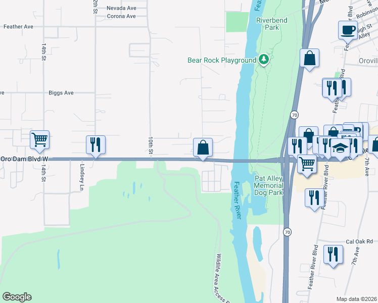 map of restaurants, bars, coffee shops, grocery stores, and more near 1013 Middlehoff Lane in Oroville