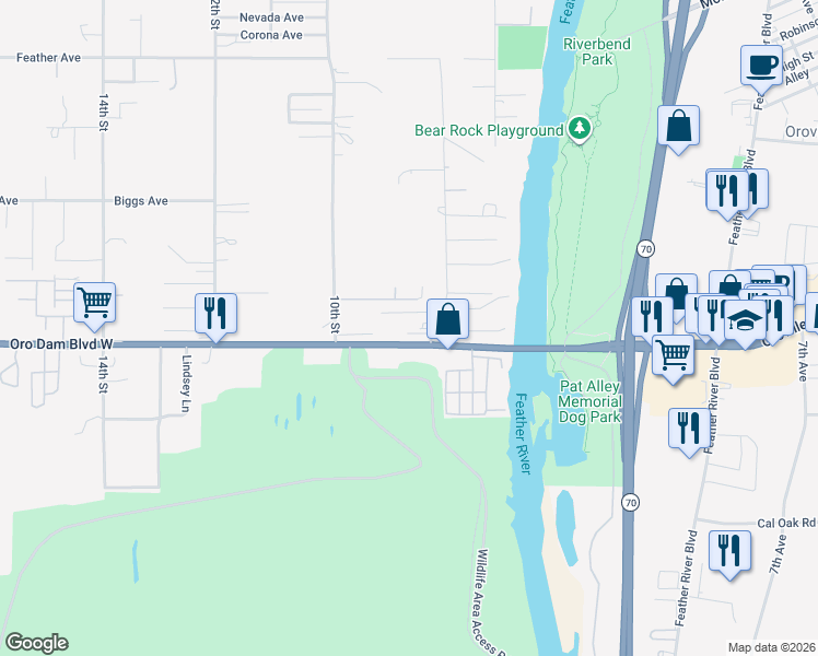 map of restaurants, bars, coffee shops, grocery stores, and more near 1013 Middlehoff Lane in Oroville