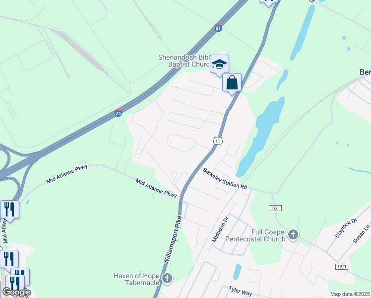 map of restaurants, bars, coffee shops, grocery stores, and more near 345 Close Drive in Martinsburg