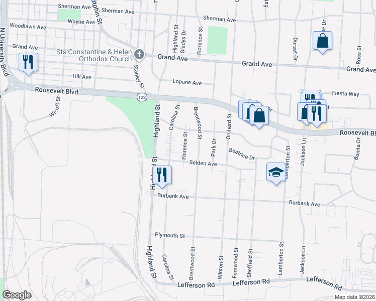 map of restaurants, bars, coffee shops, grocery stores, and more near 1603 Florence Street in Middletown