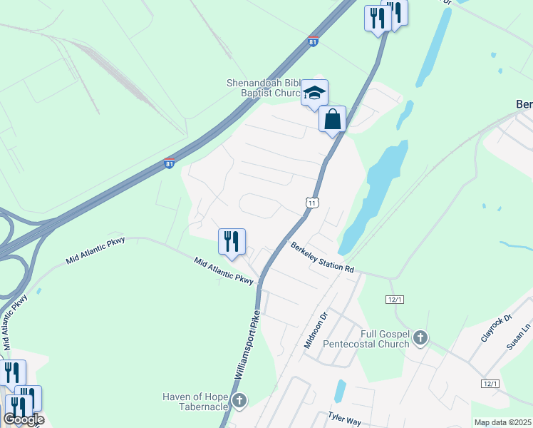 map of restaurants, bars, coffee shops, grocery stores, and more near 345 Close Drive in Martinsburg