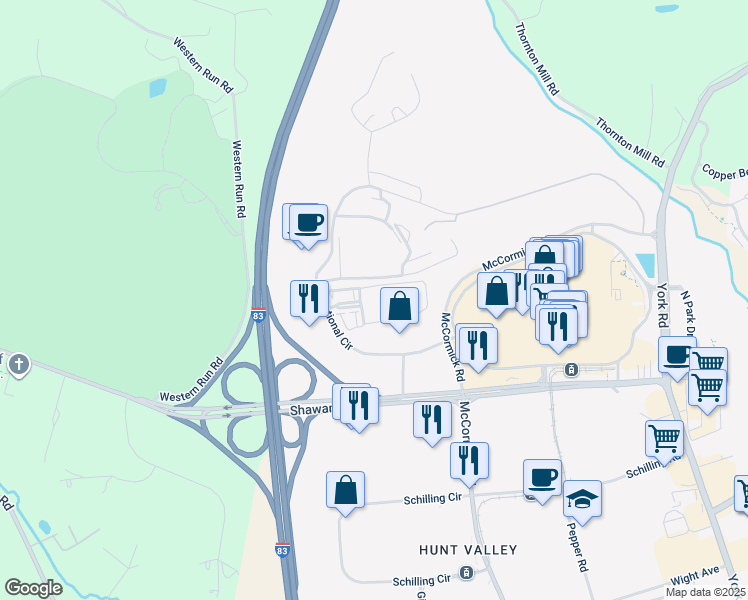 map of restaurants, bars, coffee shops, grocery stores, and more near 400 Symphony Circle in Cockeysville