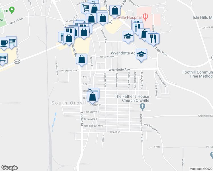 map of restaurants, bars, coffee shops, grocery stores, and more near 2221 B Street in Oroville