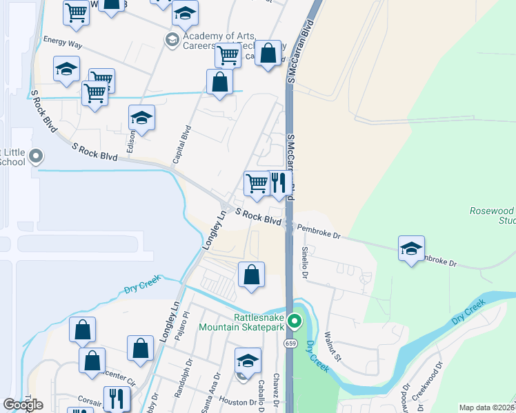 map of restaurants, bars, coffee shops, grocery stores, and more near 1170 South Rock Boulevard in Reno