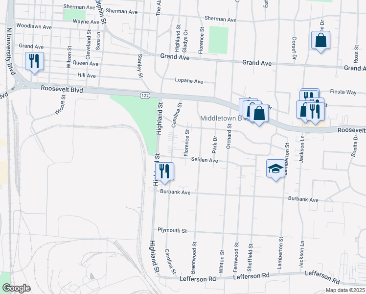map of restaurants, bars, coffee shops, grocery stores, and more near 1602 Florence Street in Middletown